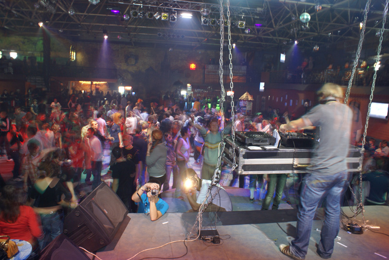 View from the stage during an SOI performance, with the crowd on the dance floor